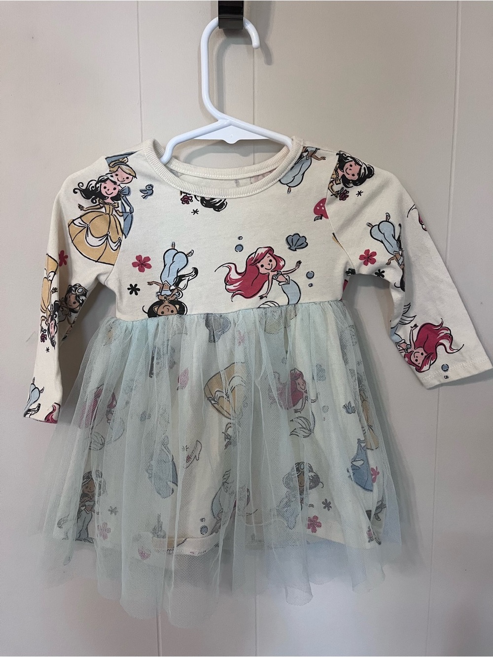 Disney Girls Cream Dress with Blue Tulle and Multicolor Princess Print